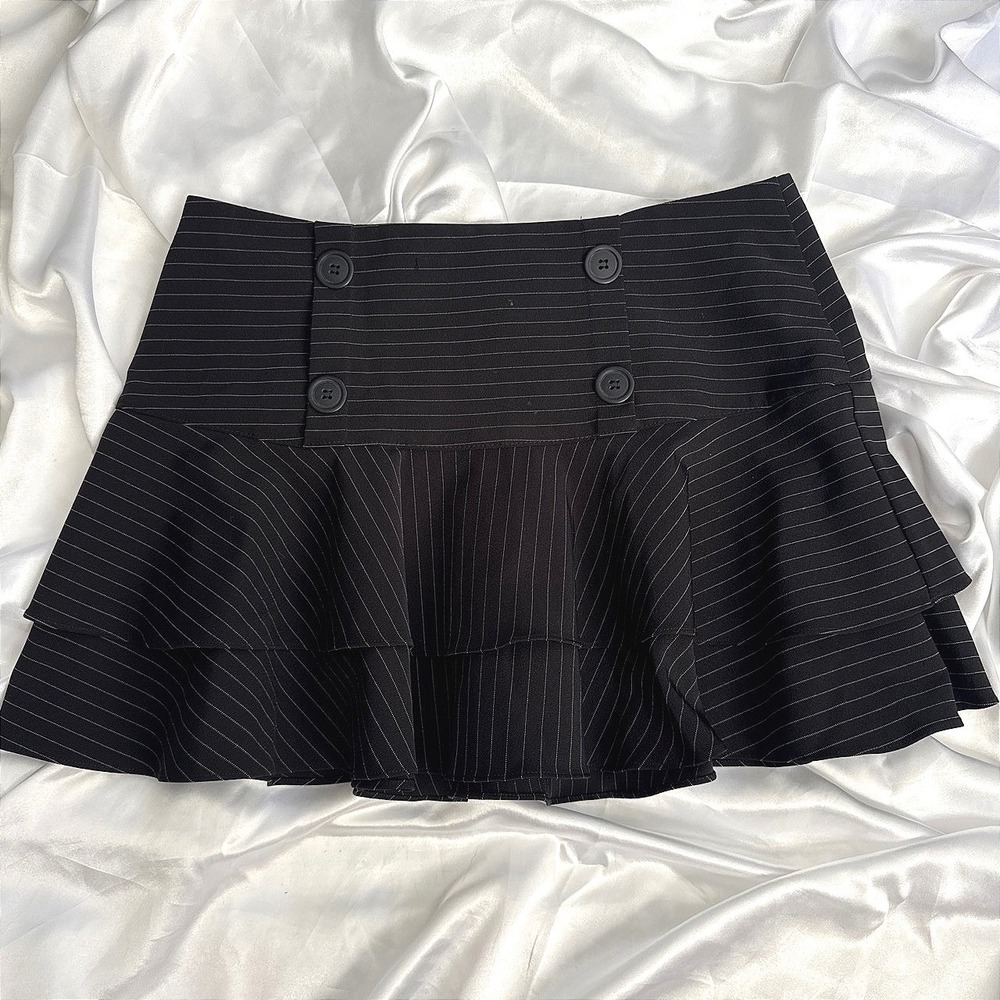 Taunt Black Pinstripe Ruffle Mini Skirt Button Detail Size 7 Y2K Core Office